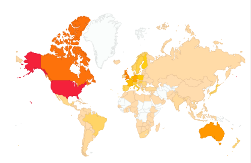 According to this map, people from 163 countries have time visited this Pond at least once. Most of them come from the US (red), UK, Canada and Australia (orange). White means that there have not been any visitors from that country to this blog.